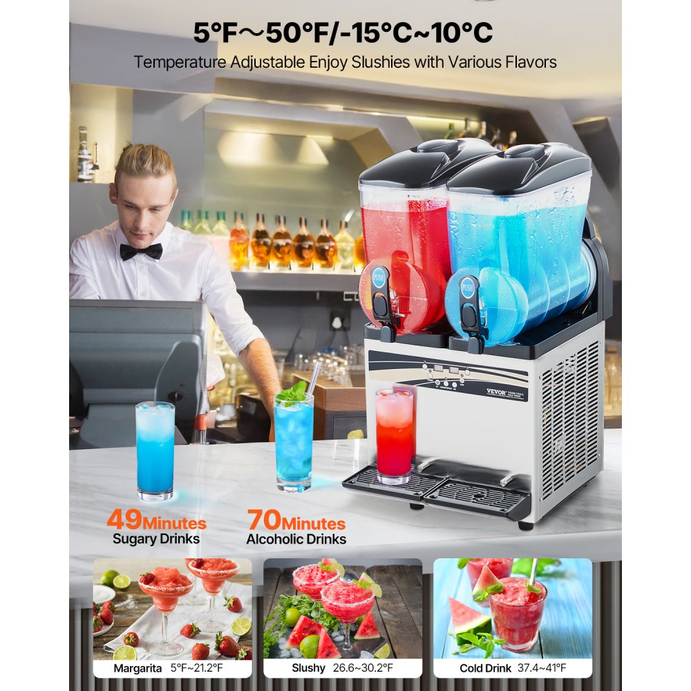 VEVOR kommerzieller Frozen Drink Maker, 15 L x 2 Slush-Maschine mit zwei Tanks, 120 Tassen Margarita-Smoothie-Maschine aus Edelstahl, Slush-Maker für Zuhause Partys Restaurants Cafés Bars
