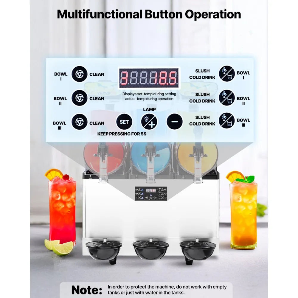 VEVOR Gewerbliche Slush Eis Maschine 45 L Slushie-Maker mit 3 Tanks, Crushed Ice-Maschine aus Edelstahl für 180 Tassen Margarita und Smoothies, Eis-Slush-Maschine für Zuhause Gastronomie Cafés Bars