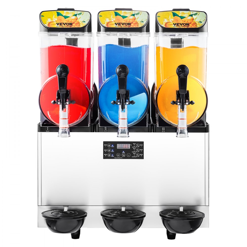 VEVOR Gewerbliche Slush Eis Maschine 45 L Slushie-Maker mit 3 Tanks, Crushed Ice-Maschine aus Edelstahl für 180 Tassen Margarita und Smoothies, Eis-Slush-Maschine für Zuhause Gastronomie Cafés Bars